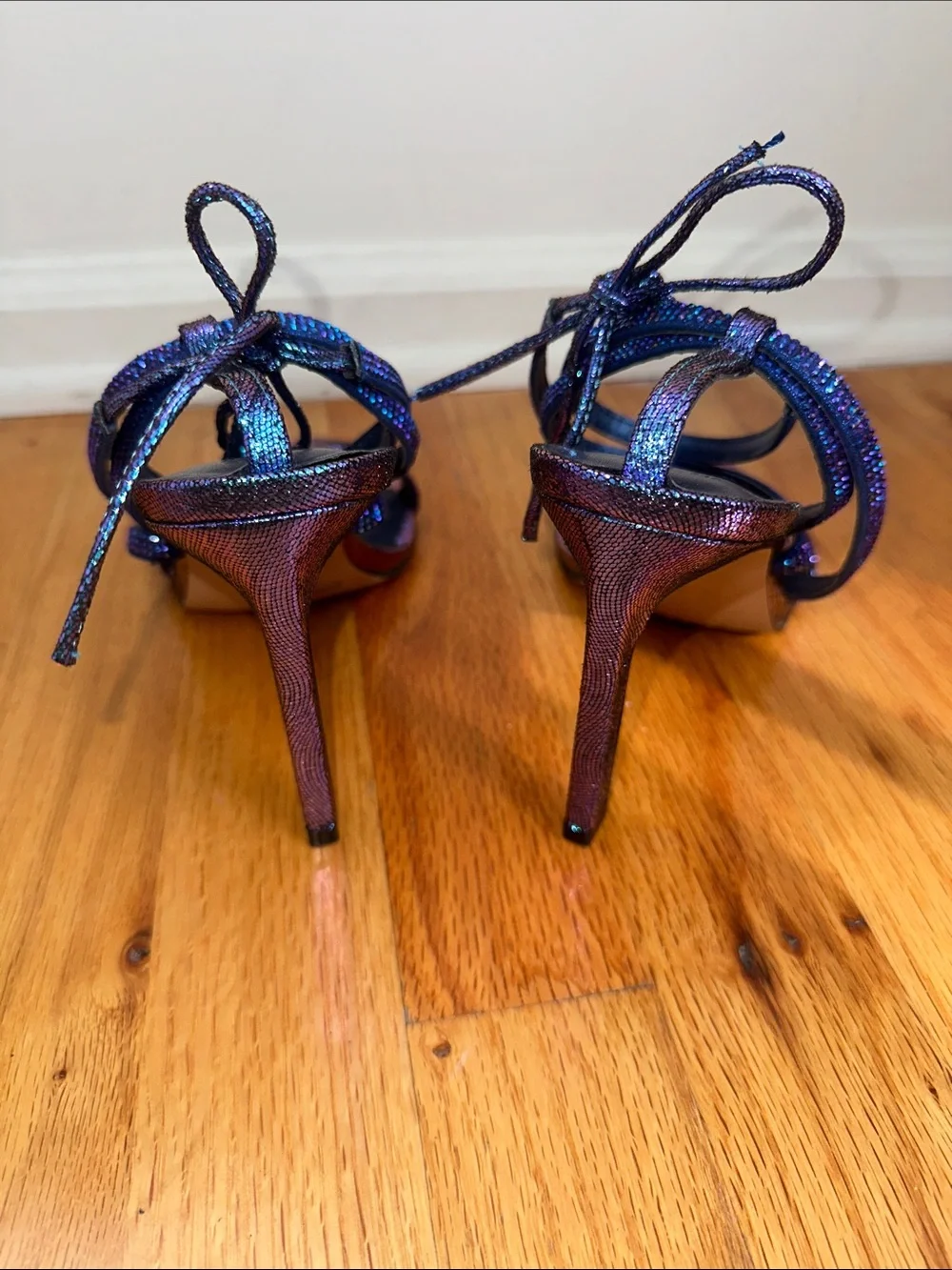 Iridescent Blue/Purple Lace-Up Heeled Sandals - Picture 5 of 10